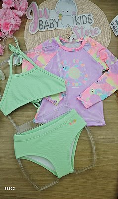 Conjunto de Biquíni em Malha Textura e Blusa em Malha com Proteção UV50+ Kukiê Infantil