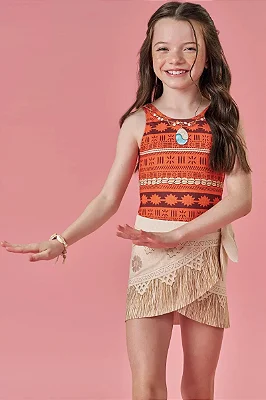 Conjunto Moana de Maiô e Saia em Malha UV Dry com Proteçâo UV 50+ Infanti Infantil Menina