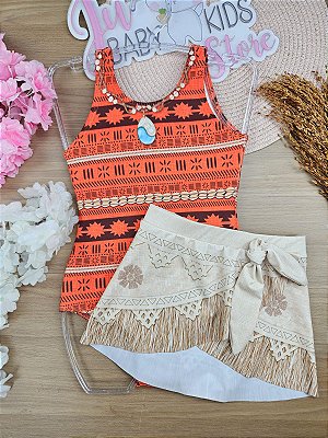 Conjunto Moana de Maiô e Saia em Malha UV Dry com Proteçâo UV 50+ Infanti Infantil Menina