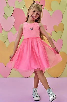 Vestido em Canelado e Tule com Elastano Infanti Infantil Menina