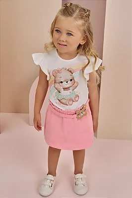 Conjunto de Blusa em Cotton com Short Saia em Moletom sem Pelúcia Infanti Bebê Menina