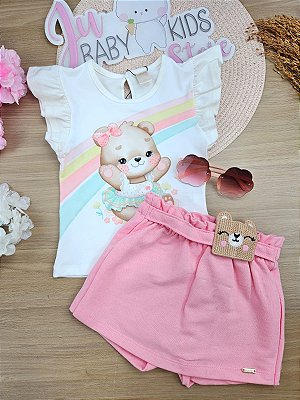 Conjunto de Blusa em Cotton com Short Saia em Moletom sem Pelúcia Infanti Bebê Menina