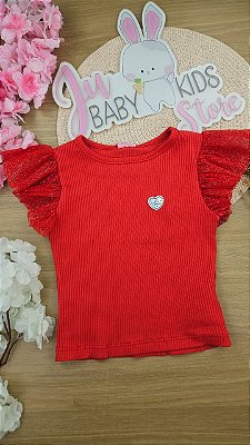 Blusa Vermelha Canelada Natal Coração Infantil Cinti