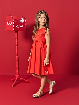 Vestido Infantil Menina Natal Recorte Coração Vermelho Mundo Cinti
