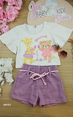 Conjunto de Blusa Boxy Over em Malha Fresh e Shorts em Linho Rajado Kukiê Infantil Menina