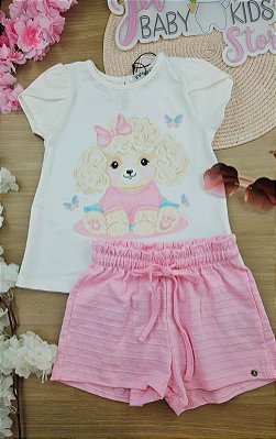 Conjunto de Bata em Cotton com Shorts em Malha Textura Infanti Bebê Menina