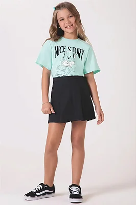 Conjunto de Blusa Boxy Over em Malha Flamê e Short Saia em Sarja com Elastano Lilimoon Teen Menina