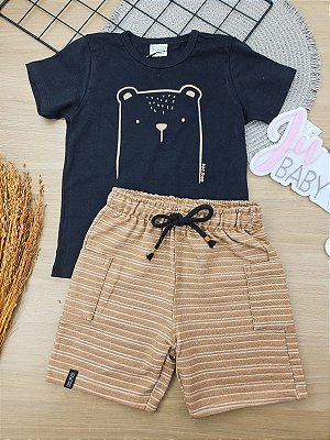 Conjunto de Camiseta em Meia Malha e Bermuda em Moletom Listrado sem Pelúcia LucBoo Bebê Menino