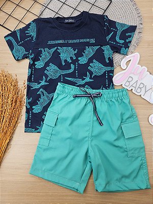 Conjunto de Camiseta em Meia Malha e Bermuda em Nylon Tecnospan com Elastano LucBoo Infantil Menino