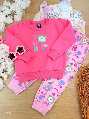 Conjunto Blusão e Calça Rosa Flores Fun Bee Loop