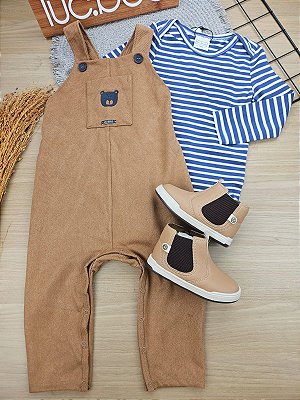 Conjunto Body Manga Longa E Jardineira Alca Bege Escuro Lucboo