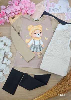 Trio de Blusa Alongada em Cotton Colete em Matelassê Flores e Calça Legging em Fly Tech Infanti Infantil Menina