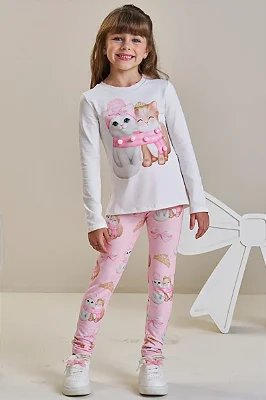 Conjunto de Blusa Alongada em Cotton e Calça Legging em Molecotton Infanti Infantil Menina