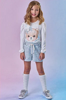 Conjunto de Blusa em Malha Comfy e Shorts em Malha Tweed Colorida Infanti Infantil Menina