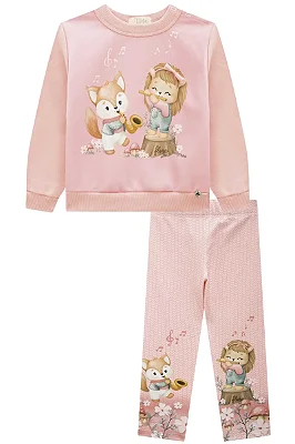 Conjunto de Blusão em Moletom com Pelúcia e Calça Legging em Termoskin Peluciado Infanti Bebê Menina