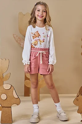 Conjunto de Blusa em Meia Malha com Shorts em Molevisco Infanti Infantil Menina