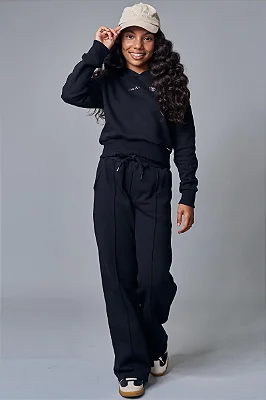 Calça Wide Leg Em Moletom Com Pelúcia Preto Lilimoon