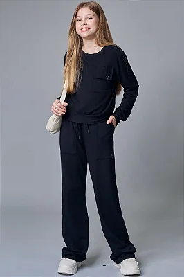 Calça Wide Leg Em Moletom Sem Pelúcia Preto Lilimoon