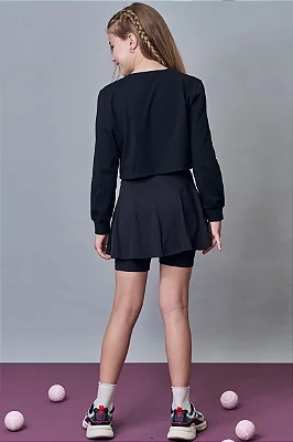 Blusa Cropped Manga Longa E Saia Preto Lilimoon
