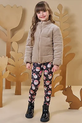 Jaqueta Puffer Reversível em Veludo com Elastano e Malha Comfy Infanti Infantil Menina