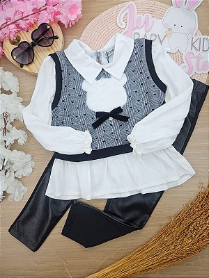 Conjunto de camisa em viscose sarjada e molecotton com calça legging em couro e termoskin