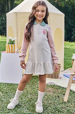 Vestido Em Piquet Com Elastano E Cotton Bege Claro Kukiê