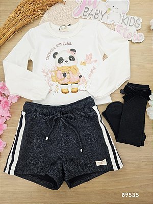 Conjunto de Blusa Boxy em Meia Malha e Shorts em Moletom Rajado sem Pelúcia Ursinho Kukiê