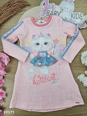 Vestido em Fly Tech Rosa Claro Gatinha com Pompons Kukiê