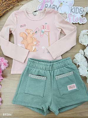 Conjunto de Blusa em Cotton e Shorts em Moletom com Pelúcia Esquilinho Kukiê