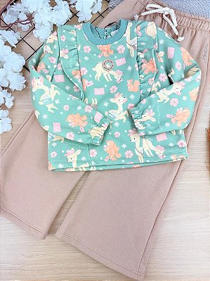 Conjunto de Blusão Boxy e Calça Wide Leg em Moletom com Pelúcia Kukiê Infantil Menina