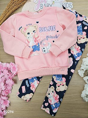 Conjunto de Blusão Alongado em Moletom com Pelúcia e Legging em Termoskin Peluciado Kukiê