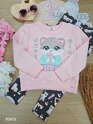 Conjunto de Blusão em Moletom sem Pelúcia e Calça Legging em Fly Tech Kukiê Infantil Menina