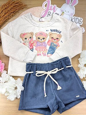 Conjunto de Blusão Boxy em Moletom Linho sem Pelúcia e Short em Scuba Suede Kukiê Infantil Menina