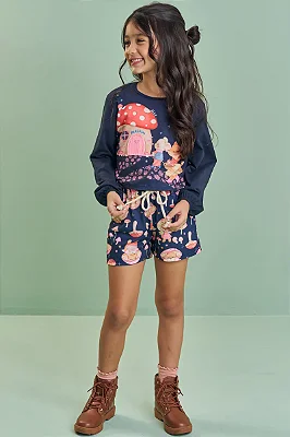 Conjunto de Blusa Boxy Over em Meia Malha e Shorts em Malha Fresh Kukiê Infantil Menina
