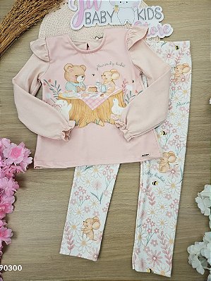 Conjunto de Blusa em Cotton e Calça Legging em Canelado Ursinha Rosa Kukiê