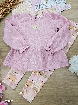 Bata em Malha Quadradinhos e Calça em Molecotton Kukiê Bebê Menina