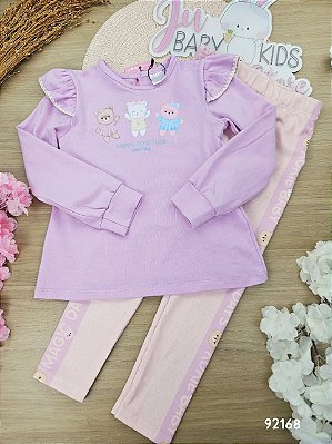 Conjunto de Bata em Cotton e Calça Legging em Molecotton Ursinha Kukiê