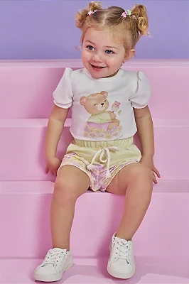 Conjunto de Body em Canelado Liz e Shorts em Molecotton Kukiê Bebê Menina