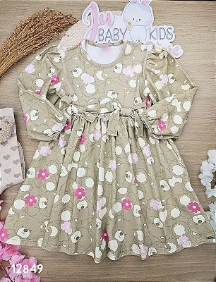Vestido Manga Longa em Cotton Ursinhos Cinti