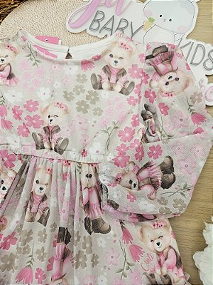 Vestido Manga Longa Tule com Elastano Estampado Ursinha Rosa Jelly Cinti