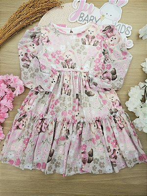 Vestido Manga Longa Tule com Elastano Estampado Ursinha Rosa Jelly Cinti