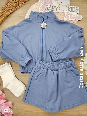 Conjunto Infantil de Inverno com Shorts-Saia e Jaqueta Azul Ursinha com Brilhos Cinti