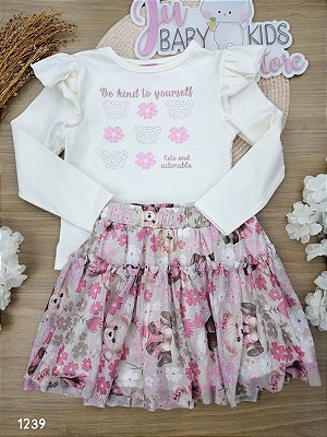 Conjunto Blusa em Cotton e Saia com Shorts Embutido Tule Luxo Cinti