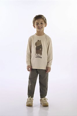 Conjunto camiseta malha e calça em moletom bege Up Baby