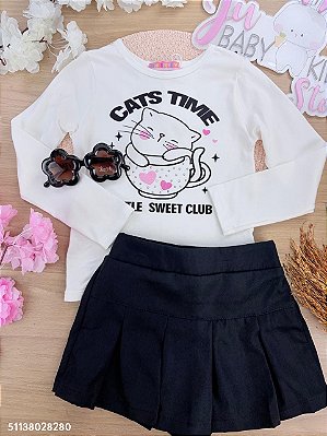 Conjunto Blusa em Cotton Manga Longa e Saia em Sarjinha Mon Sucré