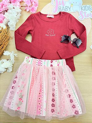 Conjunto Blusa Canelada E Saia Bordozinho Mon Sucré