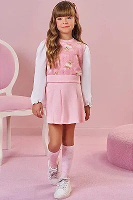 Trio de Blusa em Malha Comfy Colete em Fleece Luxo e Short Saia em Moletom sem Pelúcia Infanti Infantil Menina