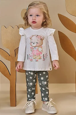 Conjunto de Bata em Malha Comfy Linho com Calça Legging em Molecotton Infanti Bebê Menina