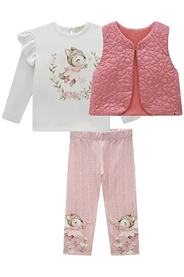 Trio de Colete em Matelassê Flores com Bata em Malha Comfy e Calça Legging em Termoskin Peluciado Infanti Bebê Menina