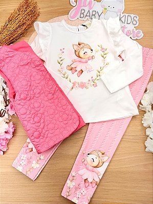 Trio de Colete em Matelassê Flores com Bata em Malha Comfy e Calça Legging em Termoskin Peluciado Infanti Bebê Menina